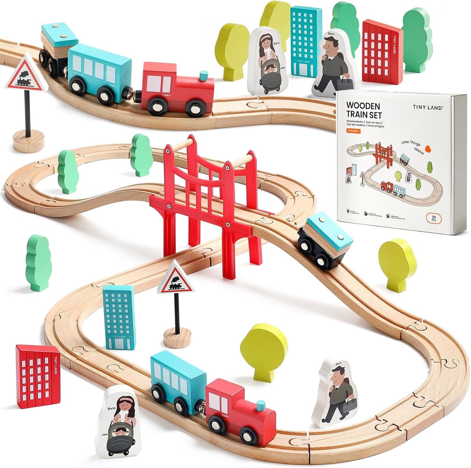 Tiny Land 39-Piece Wooden Train Set for Toddlers, Compatible with Major Brands