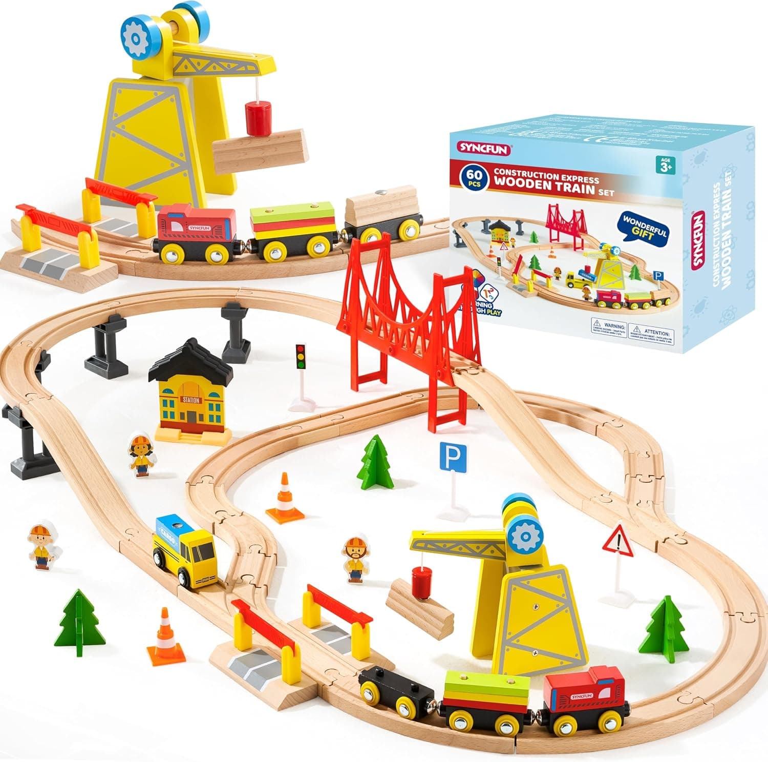 SYNCFUN 60-Piece Wooden Train Set with Magnetic Trains and Construction Crane