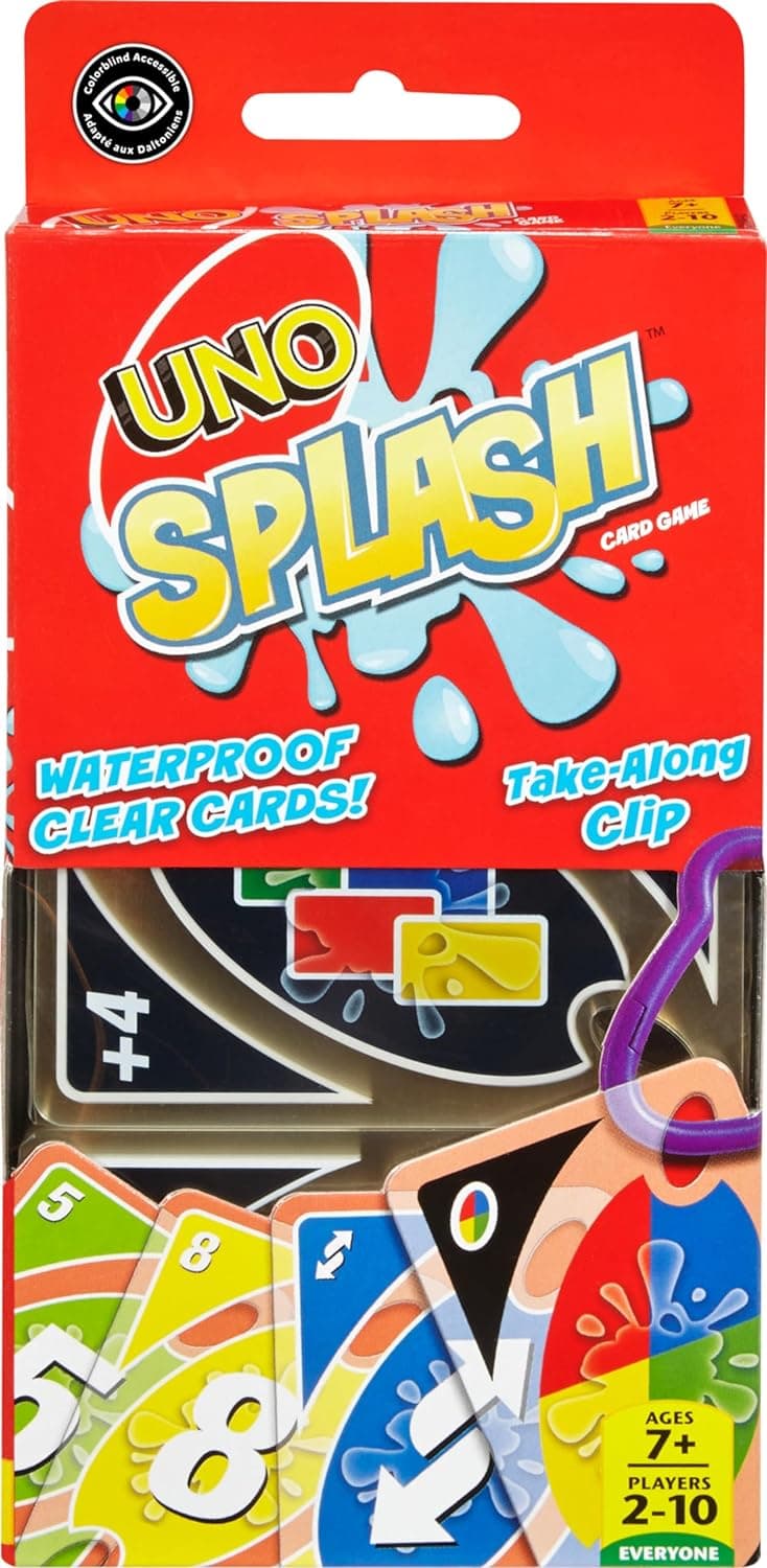 Mattel Games UNO Splash Card Game with Waterproof Cards and Portable Clip for Travel, Camping and Game Nights Away