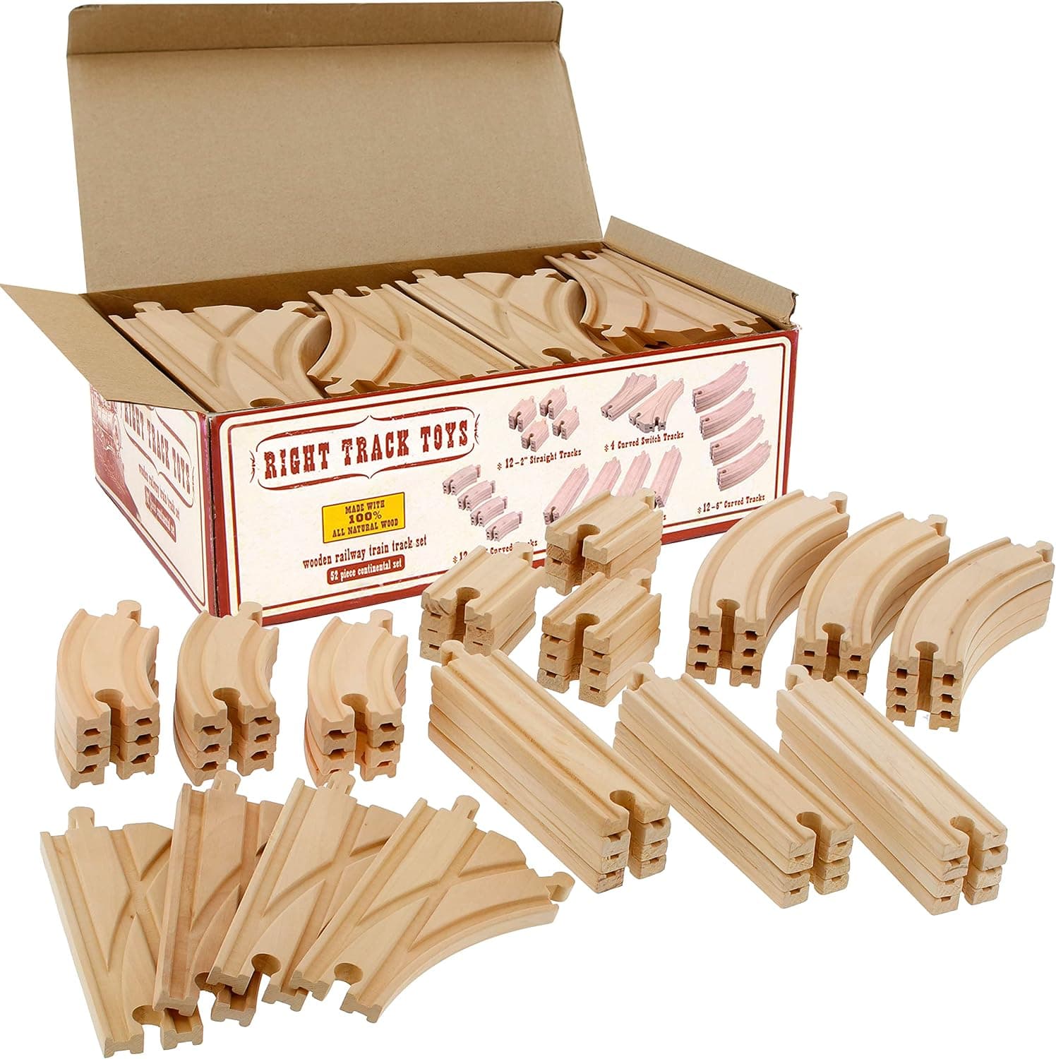 Right Track Toys Wooden Train Track 52-Piece Expansion Set, 18 Feet of Track