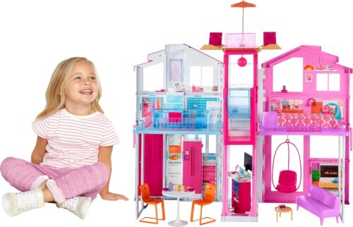 Barbie Doll House Playset, 3-Story Townhouse with 4 Rooms & Rooftop Lounge, Furniture & Accessories Including Swinging Chair (Amazon Exclusive)