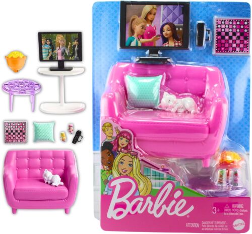 Barbie Indoor Furniture Playset, Living Room Includes Kitten, Furniture and Accessories for Movie and Game Night
