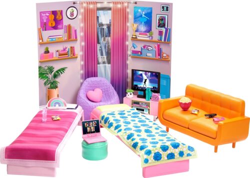 Barbie Toy Playset, Big City, Big Dreams Dorm Room Furniture & Accessories with 2 Beds, Couch, Bean Bag Chair & More